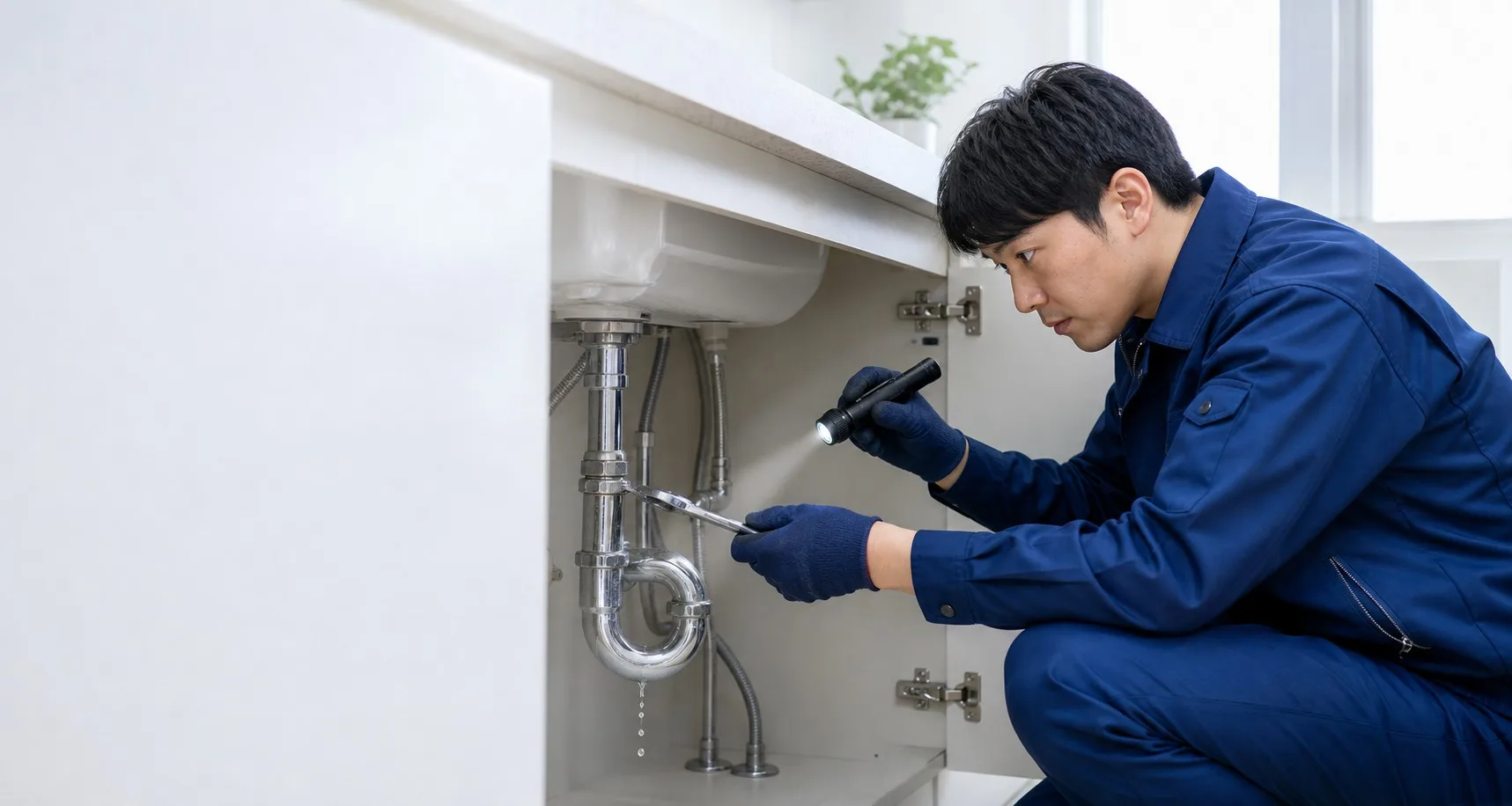 洗面台下の配管まわりを確認する作業員