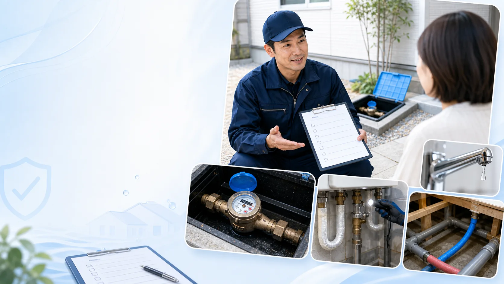 漏水調査の結果を現地で説明する作業員のイメージ