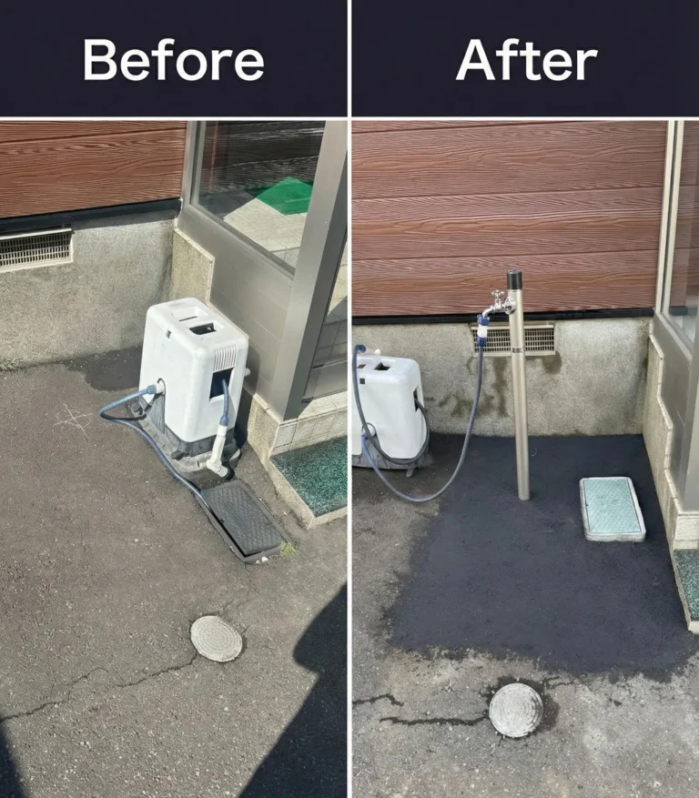 室蘭市で地中水栓の水漏れ修繕＋立水栓へ取替｜使いにくい埋設水栓を希望位置に立水栓新設した施工事例