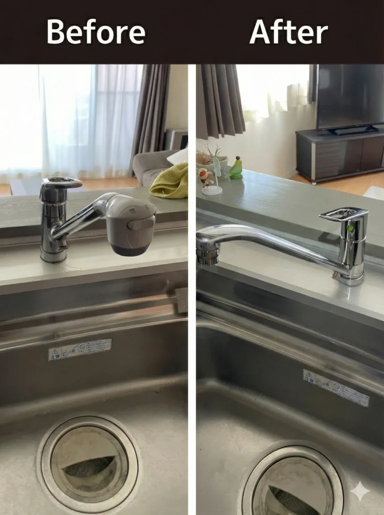 室蘭市でキッチン混合栓の取替工事｜ご要望に合わせて複数機種を選定し、比較のうえ最適な混合栓へ交換した施工事例