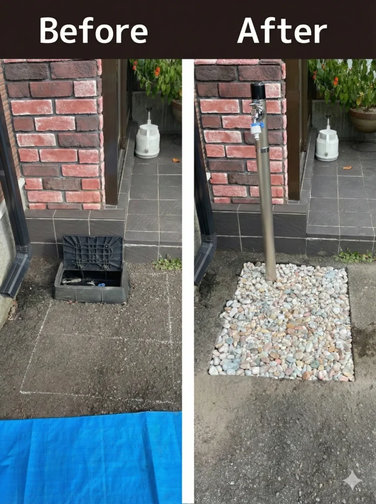 室蘭市で地中水栓から立水栓へ取替｜お客様指定位置に最小掘削で新設し、石復旧で費用を抑えた施工事例