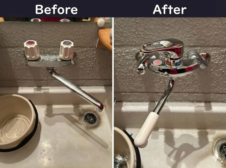 室蘭市で手洗い場の混合栓取替工事｜2ハンドル水栓からレバー1本のシングルレバー混合栓へ交換し、操作性を改善した施工事例