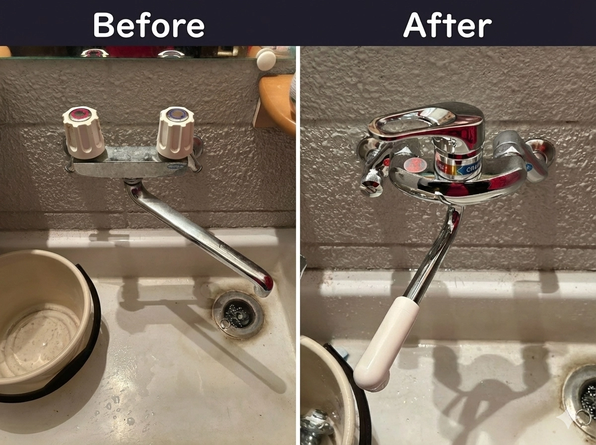 手洗い場の混合栓取替工事ビフォーアフター写真