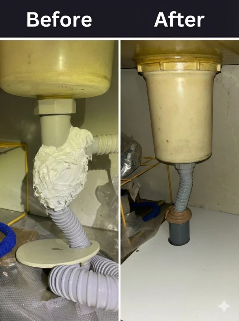 室蘭市柏木町でキッチン排水の詰まりを改善｜排水管位置の施工不良を是正し、蛇腹ホースを適正施工。コスト重視でベニア板復旧した施工事例